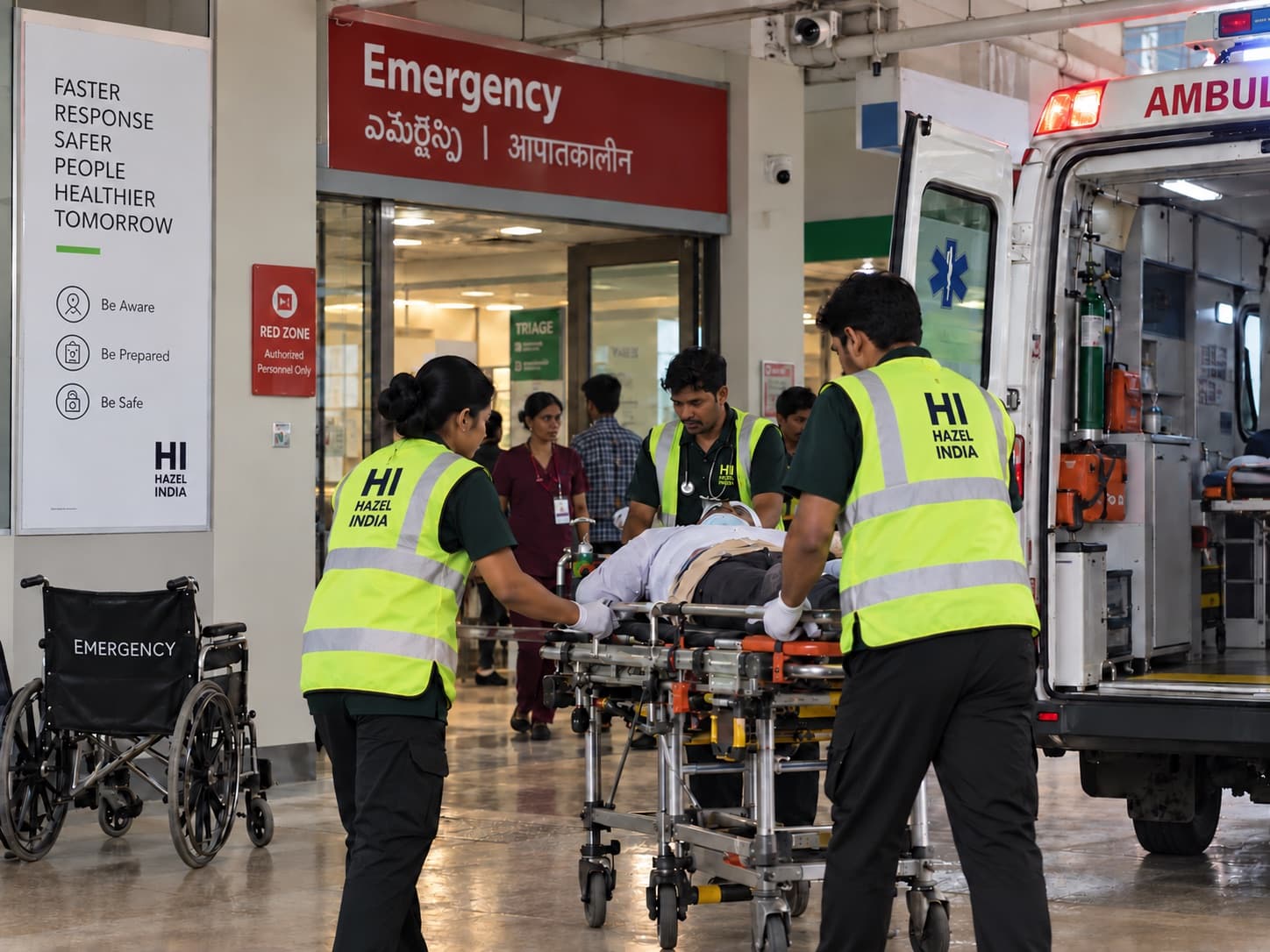 Hazel India paramedic team moving a patient on a stretcher from an ambulance into emergency