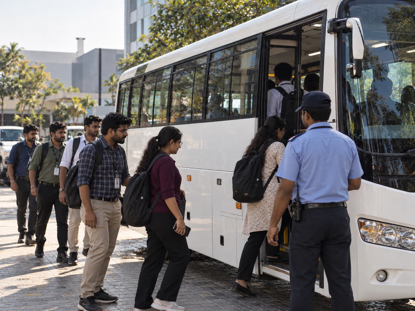 Hazel India staff boarding an employee shuttle with a transport marshal on duty