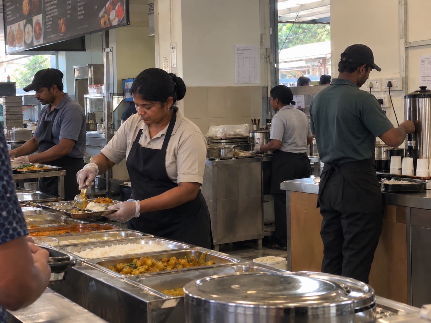Hazel India food service team serving meals at a workplace cafeteria counter