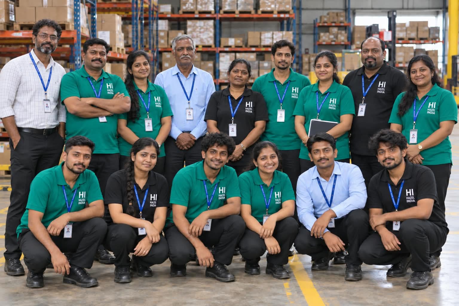 Hazel India team in branded uniforms posing together at a managed facility