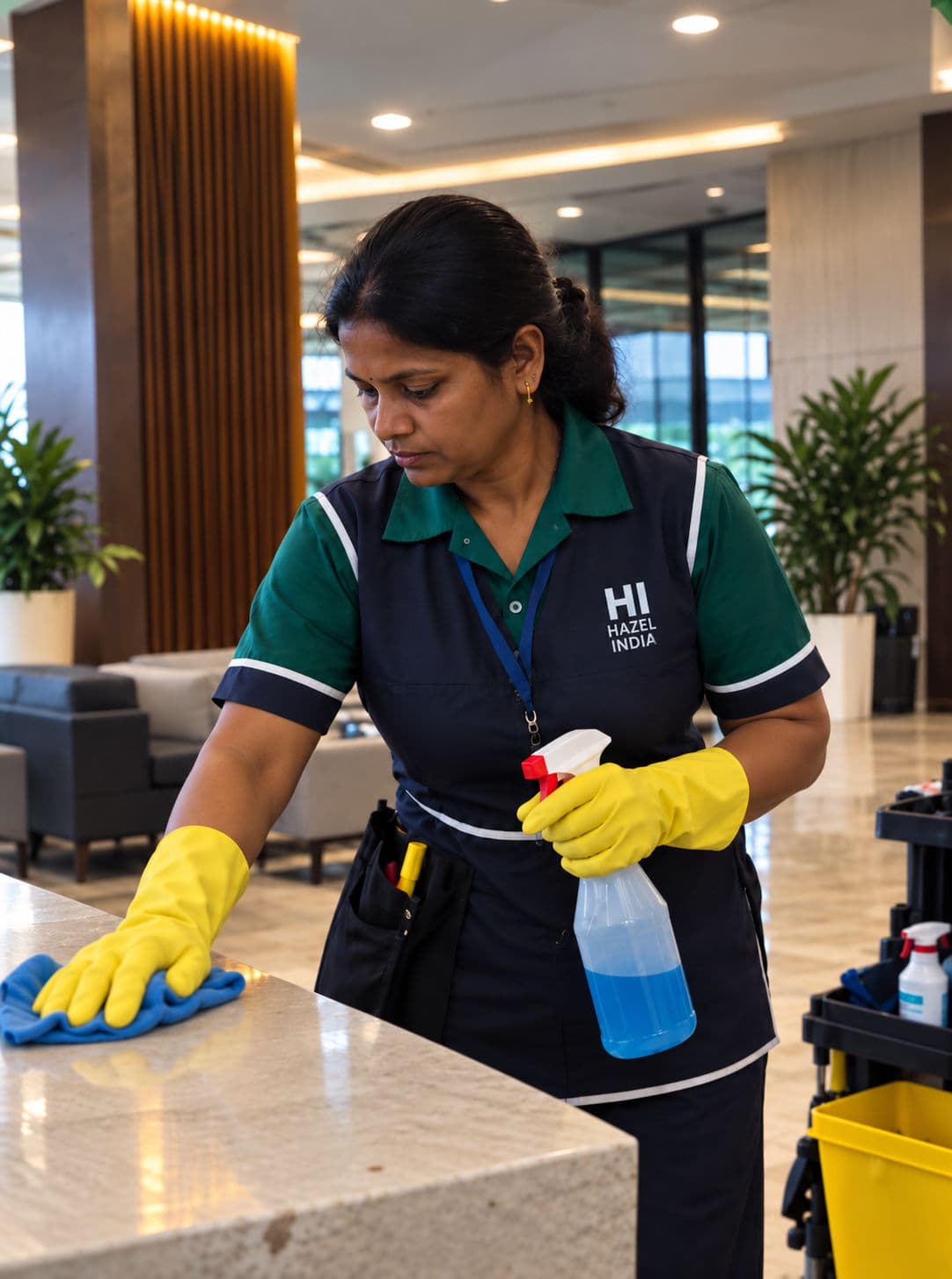 Hazel India housekeeping attendant wiping down a lobby counter beside a cleaning trolley