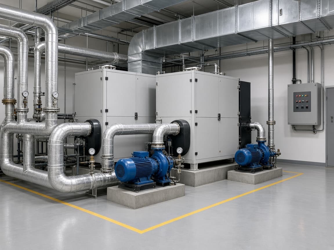 HVAC chiller plant room with water-cooled chillers, insulated chilled-water pipes, pumps and overhead ductwork