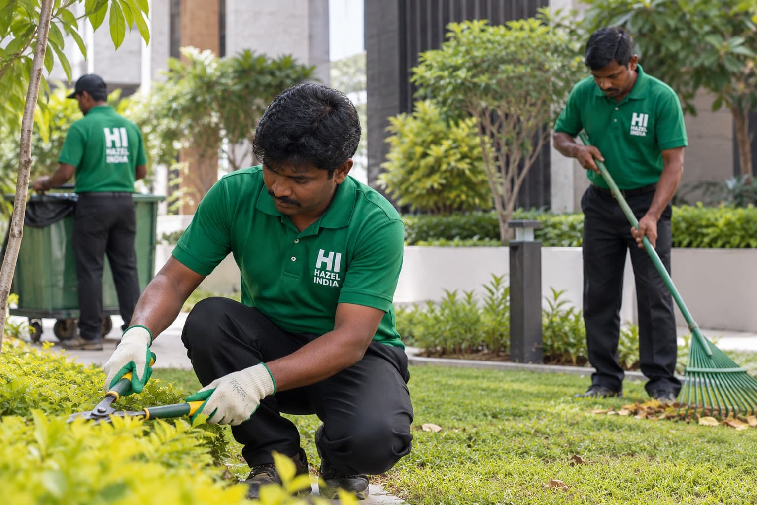 Hazel India landscaping team trimming hedges and raking leaves on a corporate campus lawn