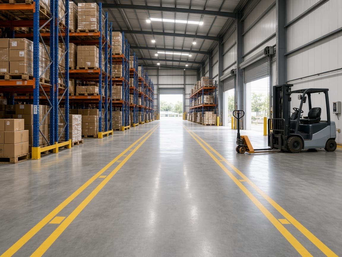 Organised logistics warehouse with pallet racking, a forklift, pallet jack and loading dock bays