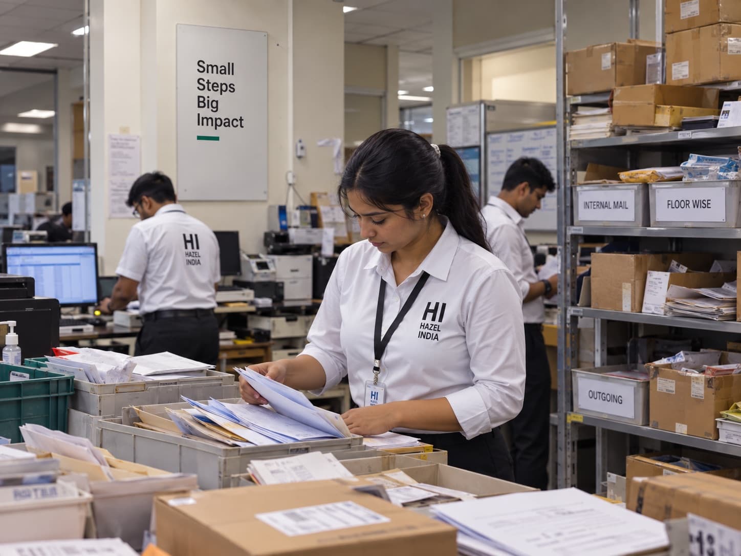 Hazel India mailroom attendant sorting internal mail and parcels