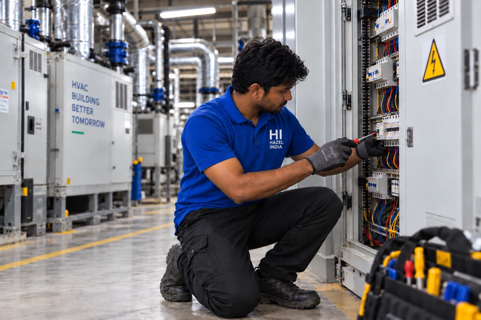 Hazel India MEP technician servicing an electrical distribution panel beside HVAC units