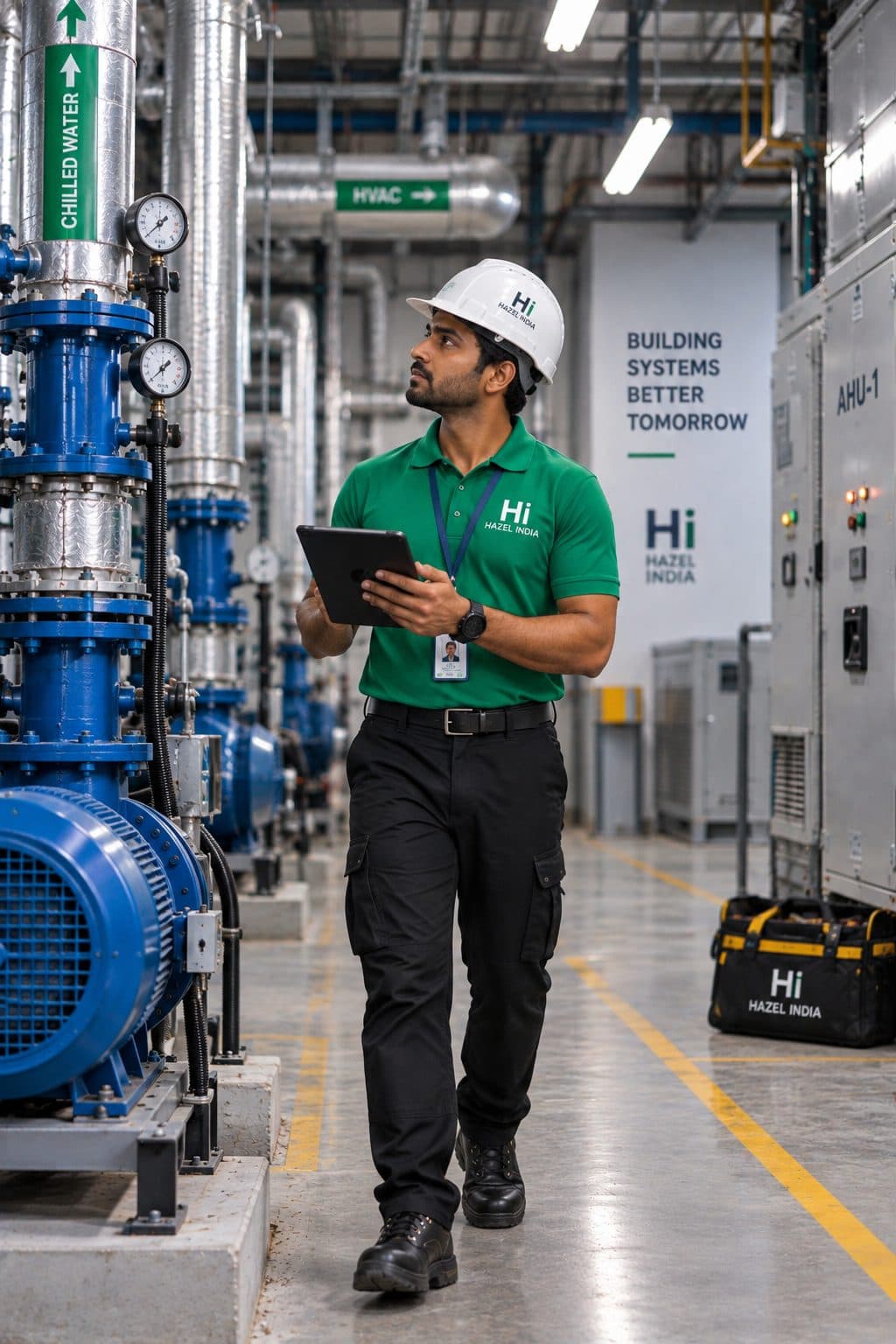 Hazel India MEP technician servicing an electrical distribution panel beside HVAC units