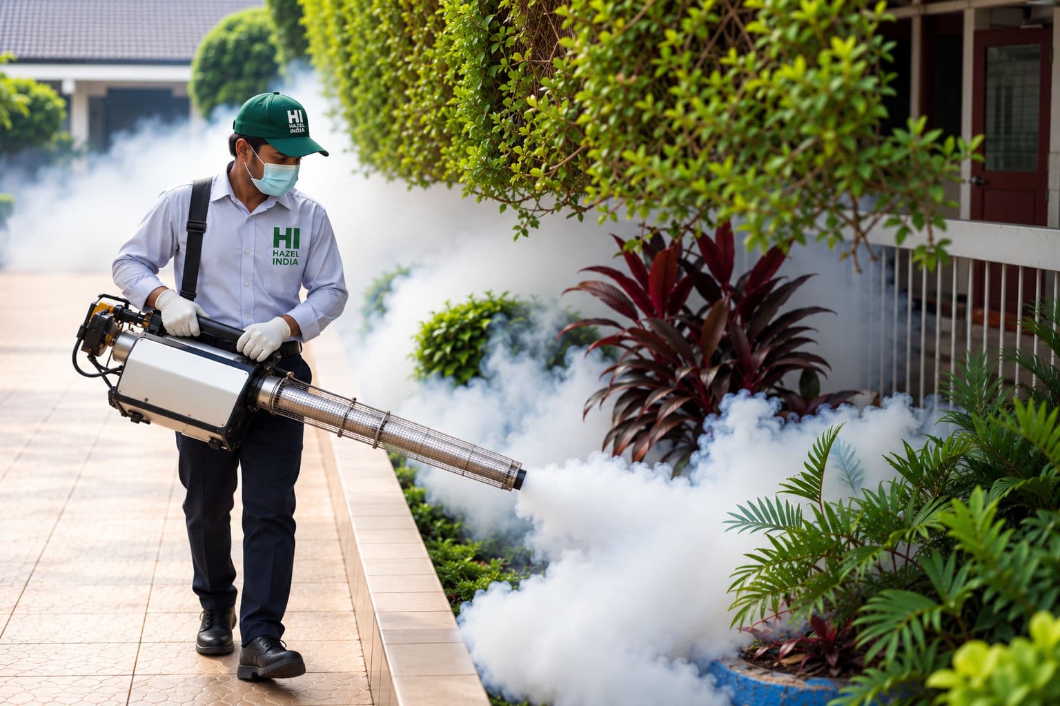 Masked Hazel India pest control technician thermal-fogging planted beds along a campus walkway