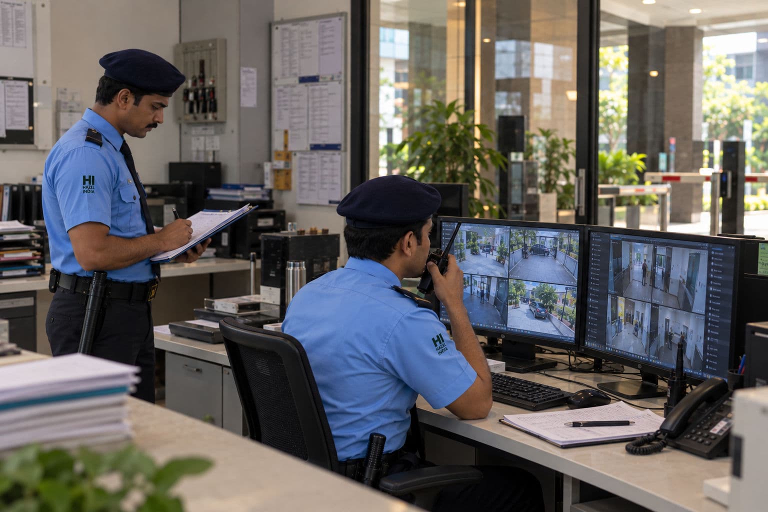 Hazel India security officers monitoring CCTV feeds and logging checks in a site control room