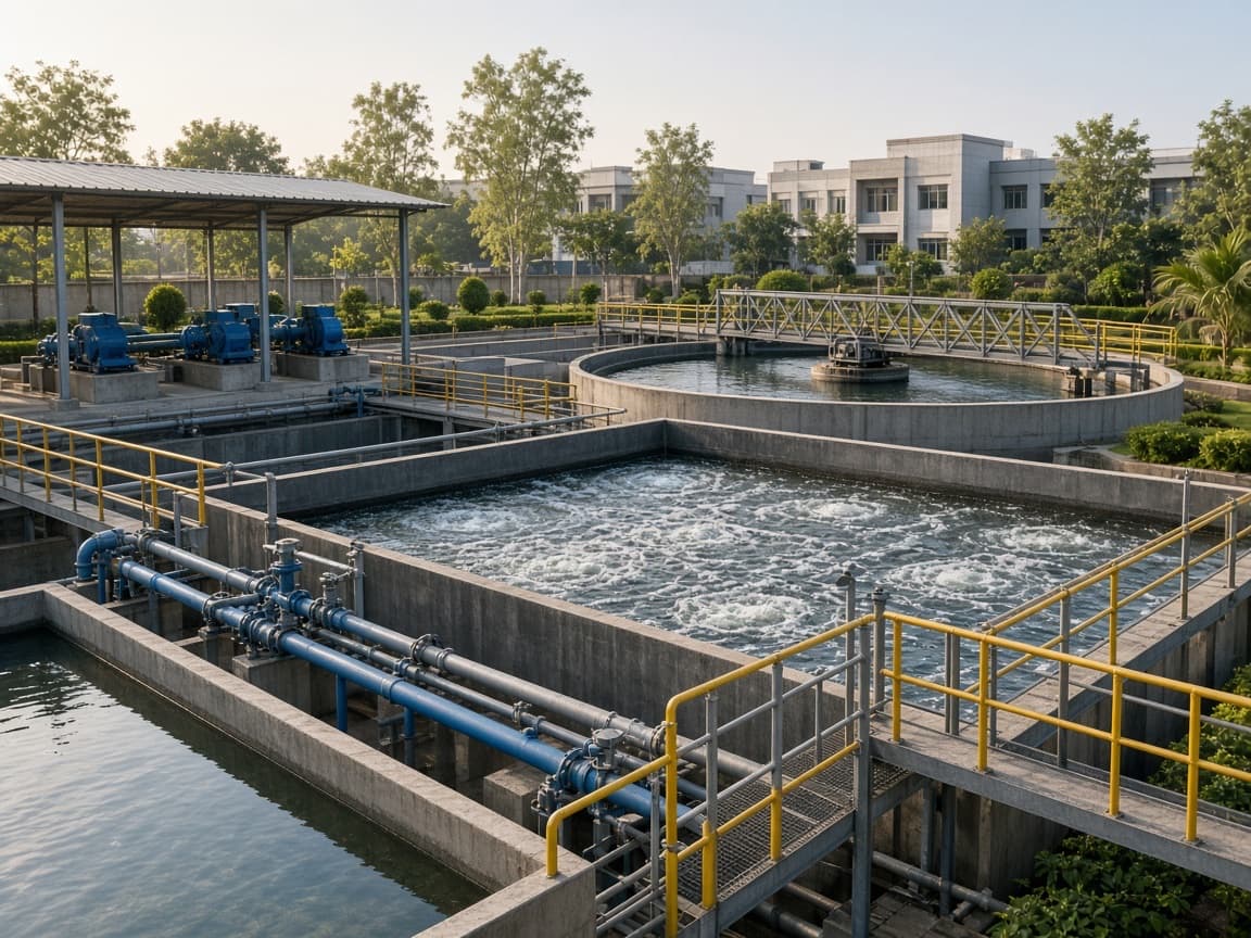 Sewage treatment plant with aeration tanks, a circular clarifier, blowers and safety walkways on a corporate campus