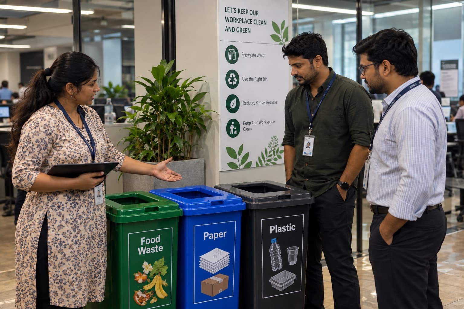 Hazel India waste management lead explaining food, paper and plastic segregation bins to staff