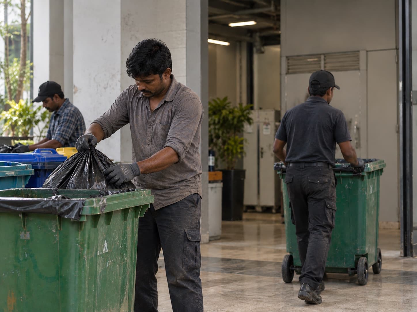 Hazel India waste management lead explaining food, paper and plastic segregation bins to staff