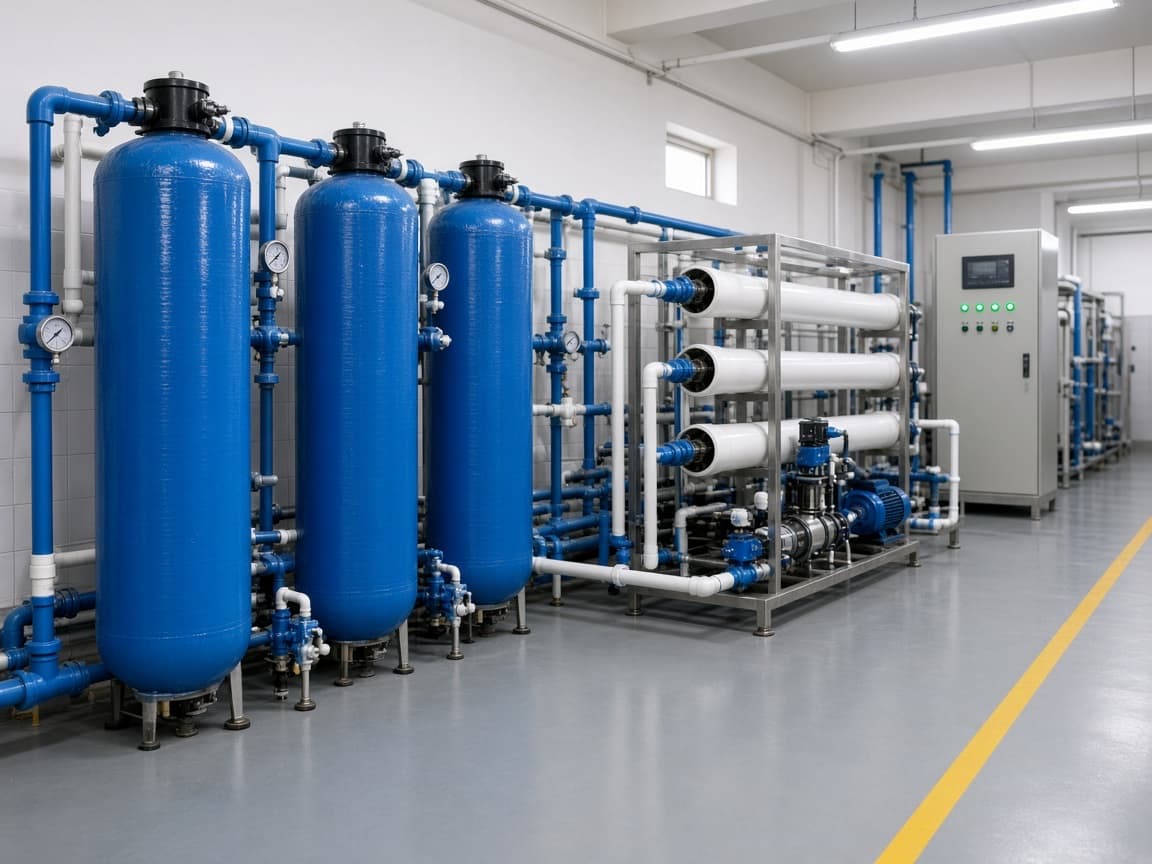 Water treatment plant room with pressure sand and carbon filters, an RO membrane skid and control panel